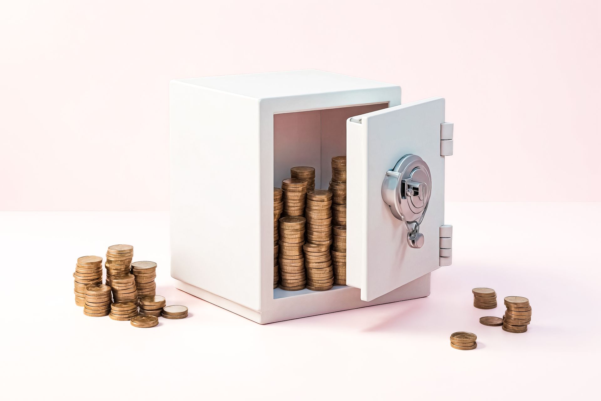 A safe filled with stacks of coins on a pink background.