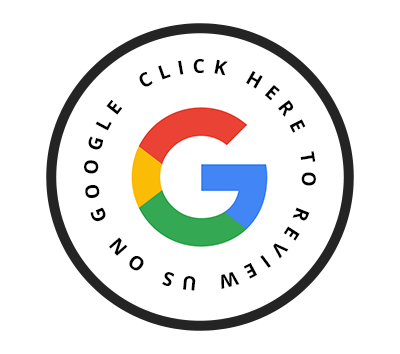 A google logo in a circle with the words `` click here to review us ''.