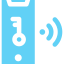 A blue and white icon of a key and a sound wave.