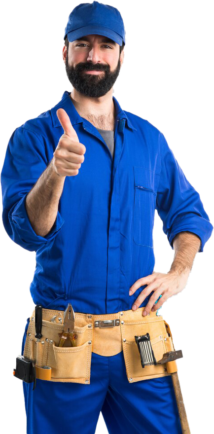 A man in a blue jumpsuit is giving a thumbs up.