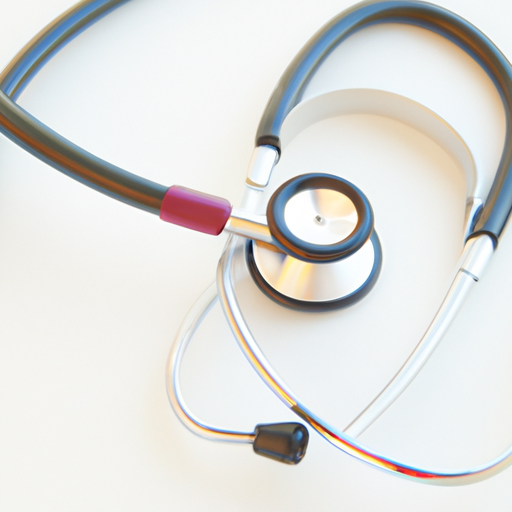 Stethoscope on white surface, black tubing with red and silver components.