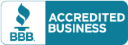 A blue and white sign that says accredited business bbb