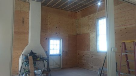 There is a fireplace in the middle of the room.