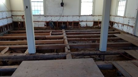 A room with a lot of wooden beams in it