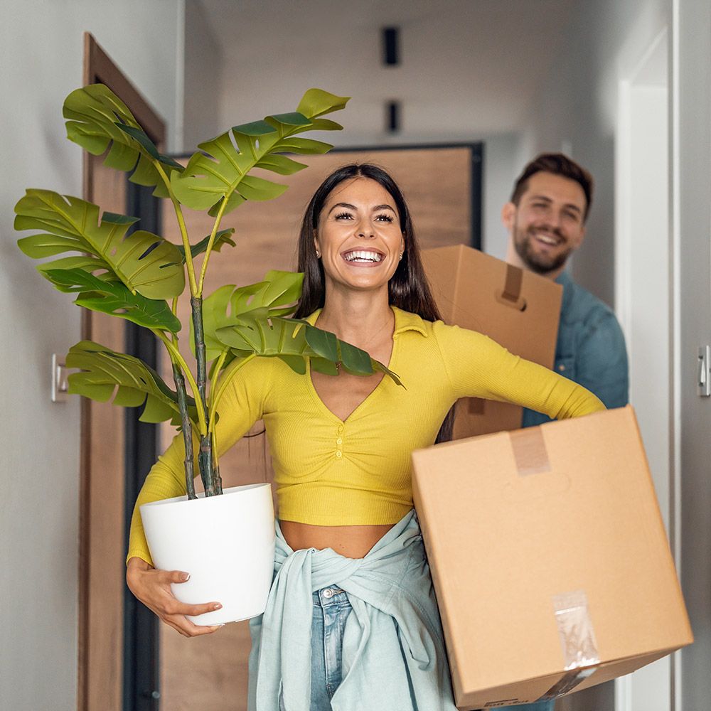 A woman is holding a potted plant and a box.