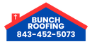 A blue and red logo for bunch roofing with a phone number