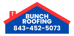 A blue and red logo for bunch roofing with a phone number