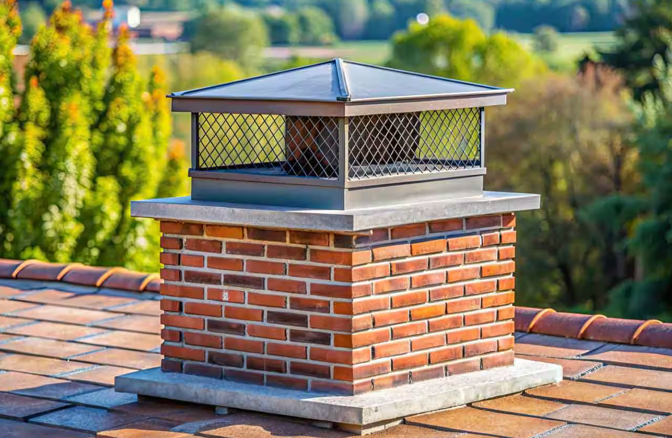 A brick chimney is sitting on top of a roof.