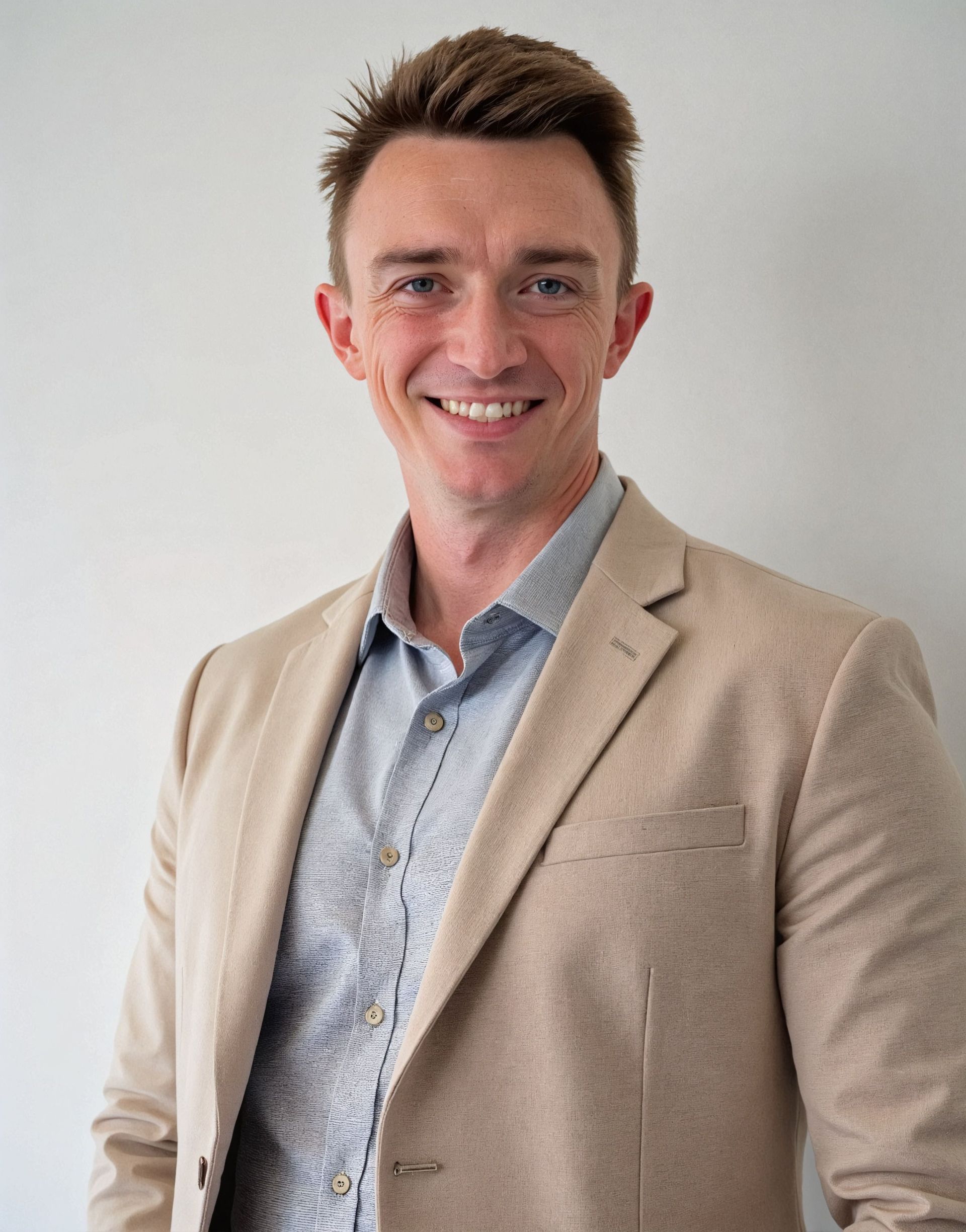 A man in a tan jacket and blue shirt is smiling for the camera.