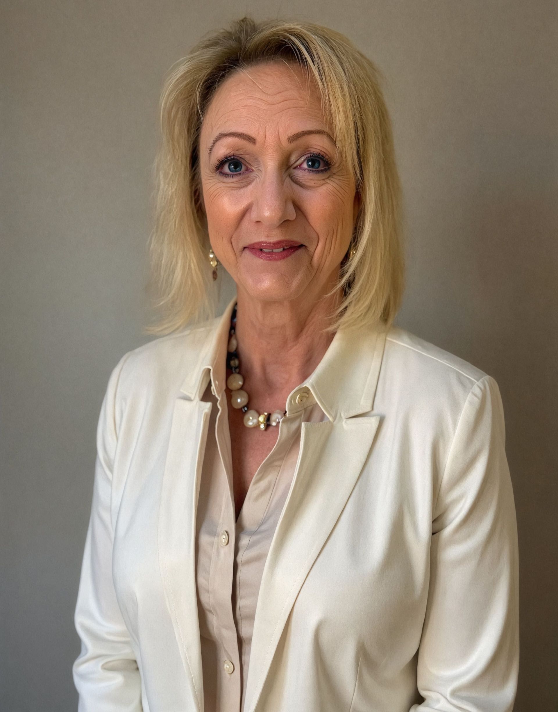 A woman is wearing a white jacket and a pearl necklace.