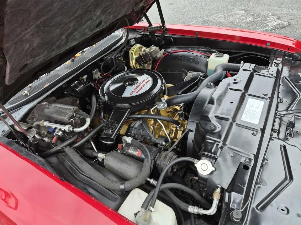 Red classic car engine bay, black and gold engine components, radiator, and fluid reservoirs.