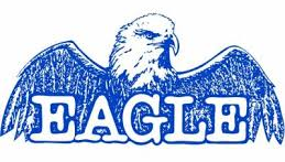 Blue eagle head with outstretched wings above the word