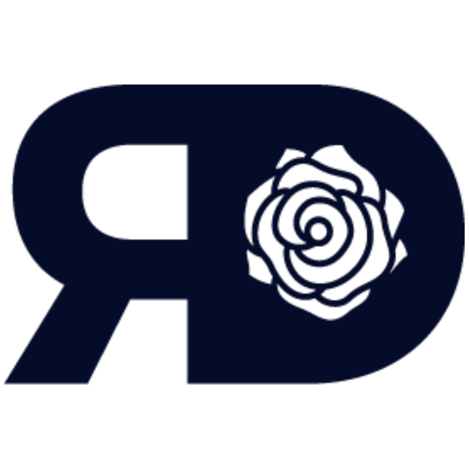 A black letter r with a white rose in the middle.