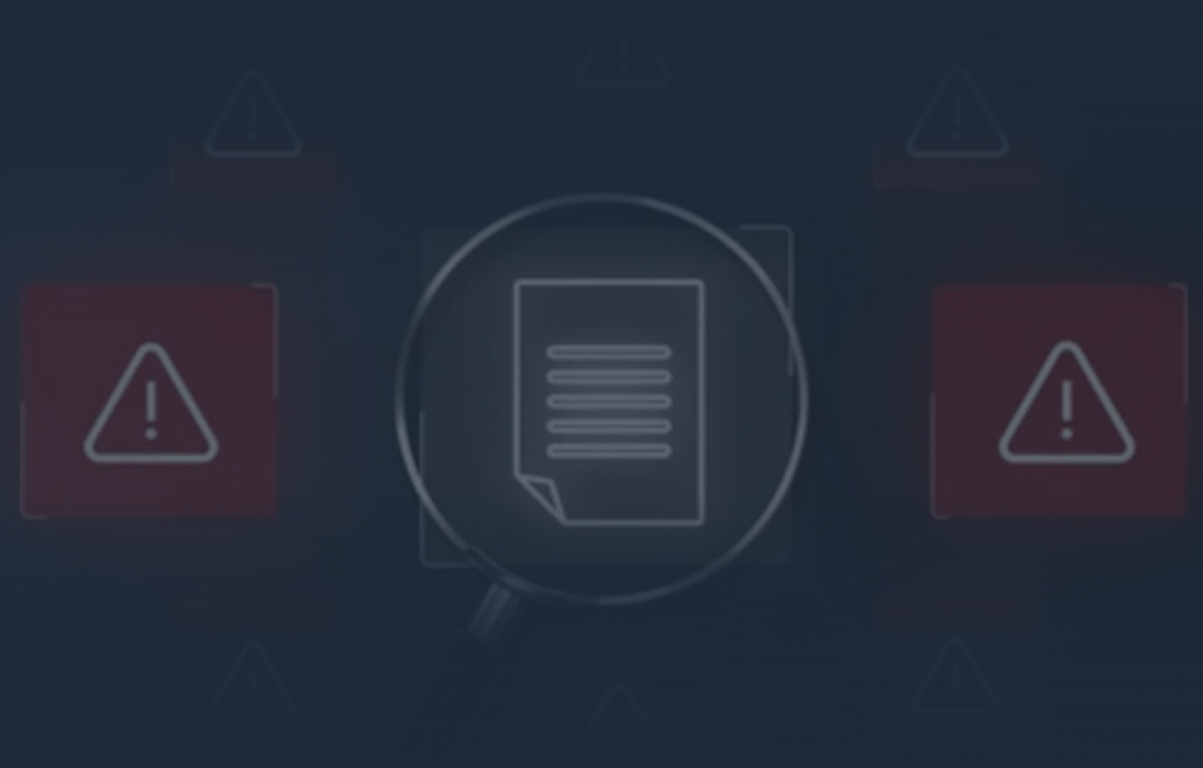 Magnifying glass over document with warning icons.