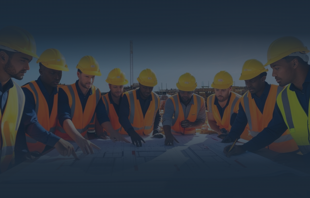 Construction workers in yellow helmets and vests reviewing blueprints.