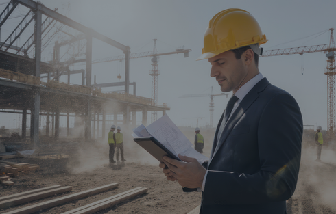 Construction worker in suit and hard hat reviews blueprints at a construction site.