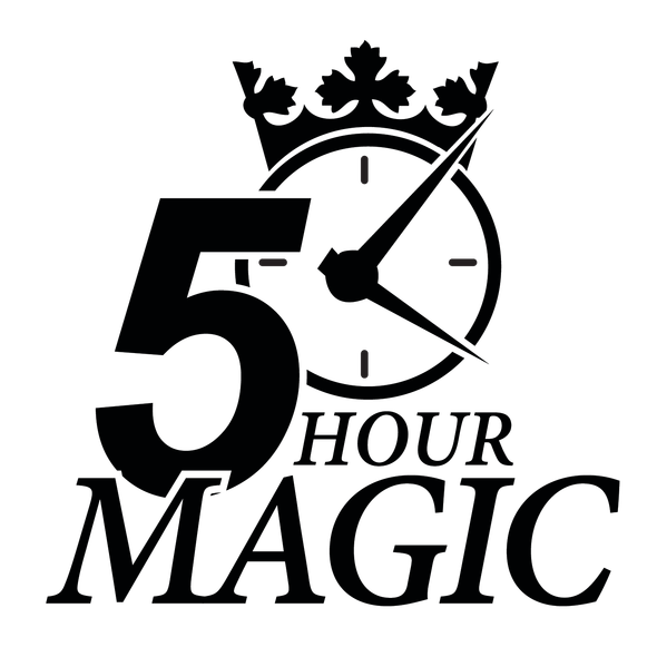 The logo for 5 hour magic has a clock with a crown on it.