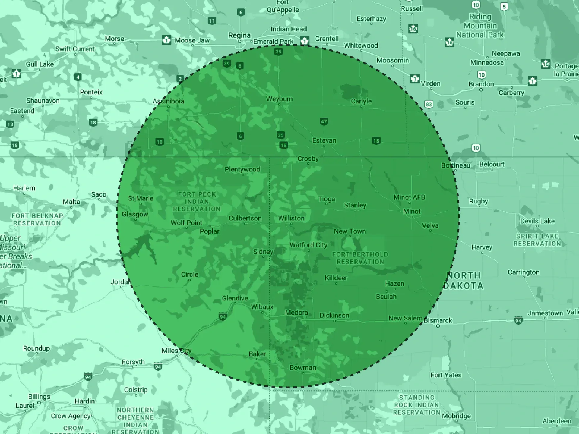 A map with a green circle in the middle of it