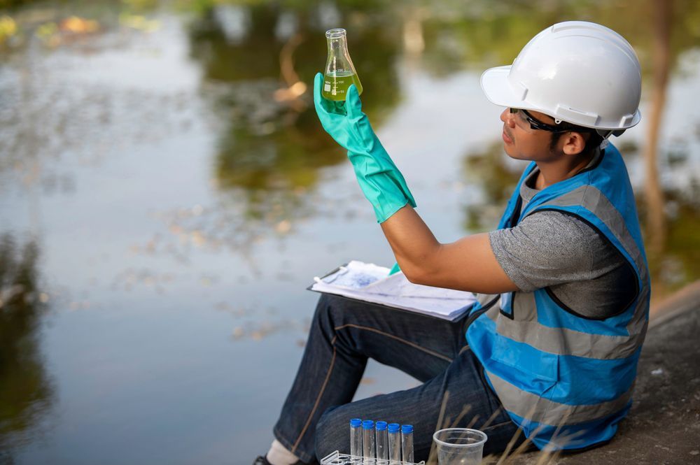 A man is sitting on the side of a river holding a beaker of water.