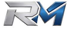 Stylized silver and blue RM logo on a white background