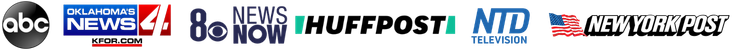 News media logos in a horizontal row, including ABC,  NBC News, HuffPost, NTD