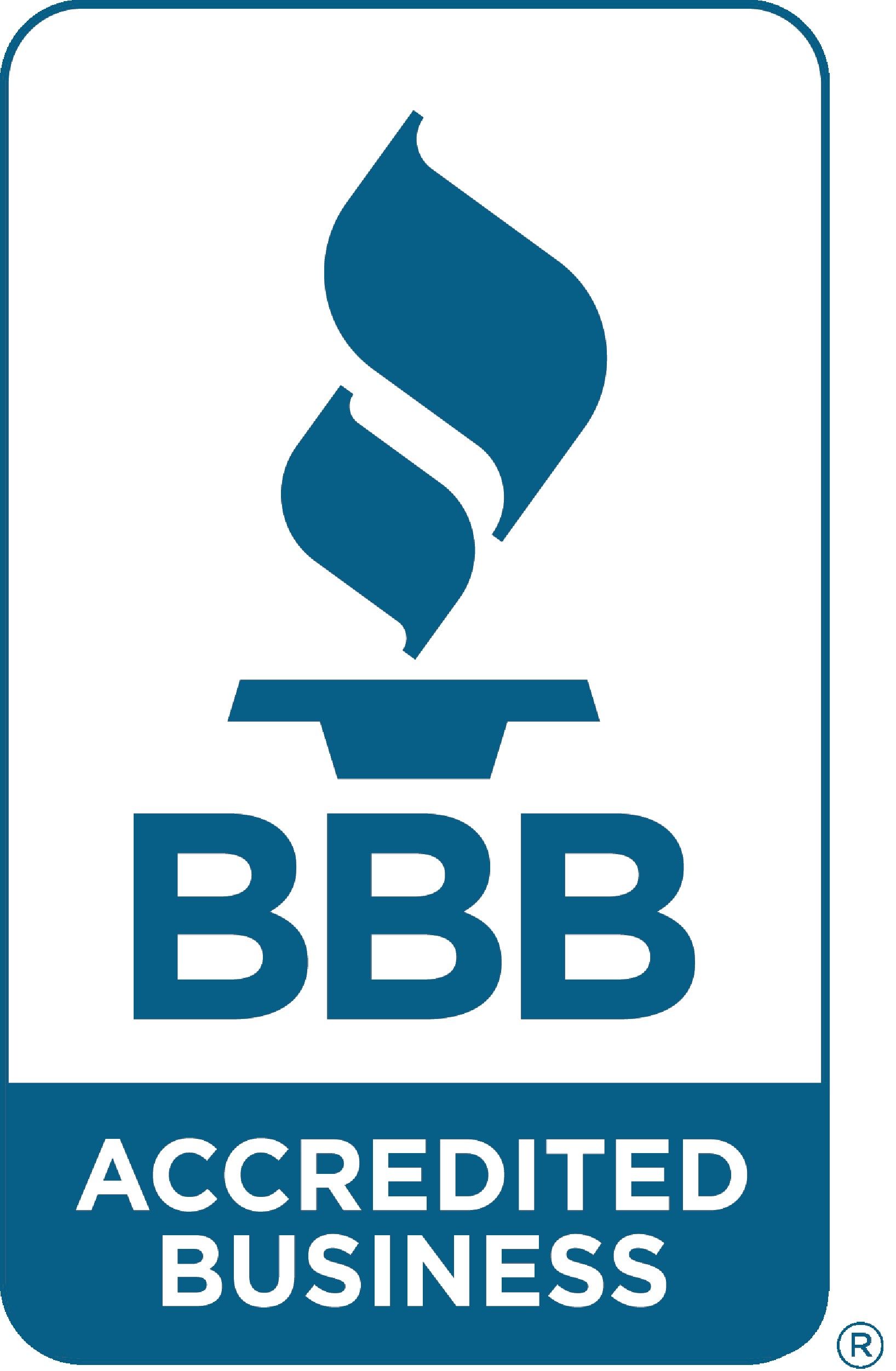 The bbb logo is blue and white and says accredited business.