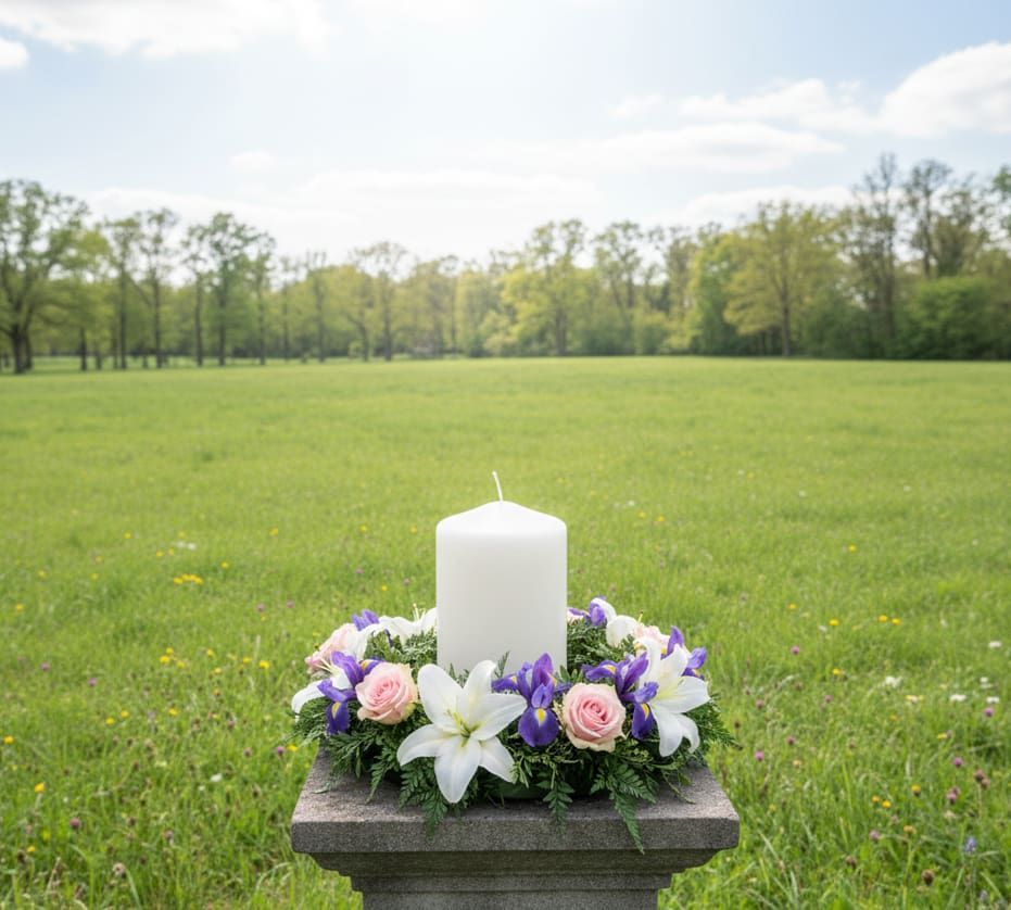 Elegant white candle tribute at Newtown Square, PA funeral home and cremations in an outdoor setting