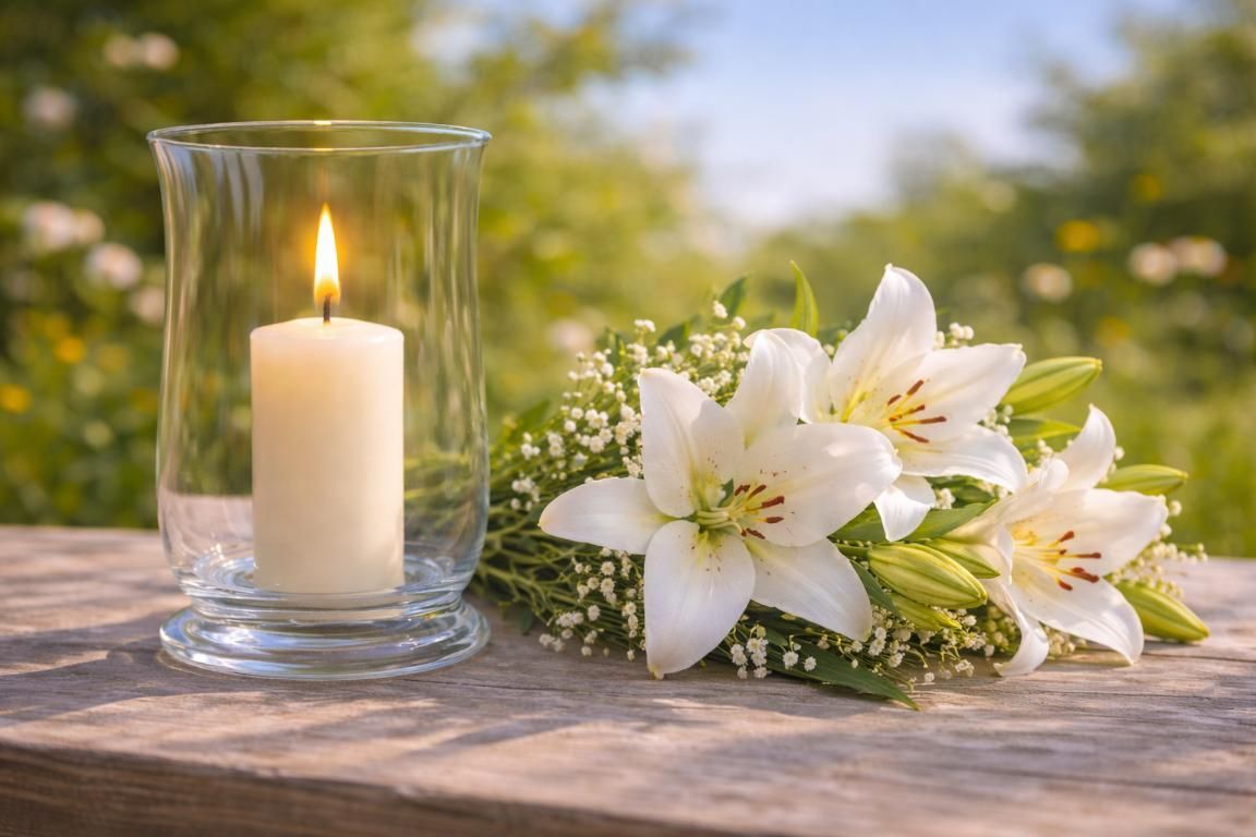 White lilies and candlelight on table, compassionate guidance, cremation services Newtown Square, PA