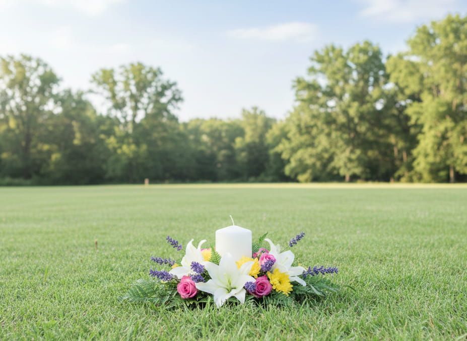 Outdoor memorial setup with candle and floral tribute at Newtown Square, PA funeral home and cremations