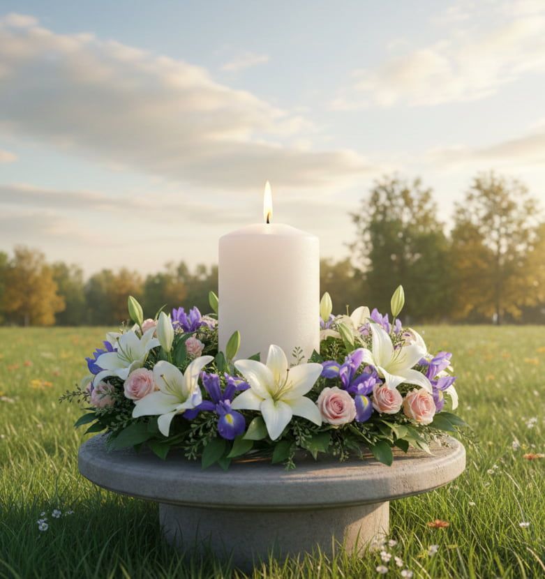 White candle and sympathy flowers displayed outdoors at Downingtown, PA funeral home and cremations