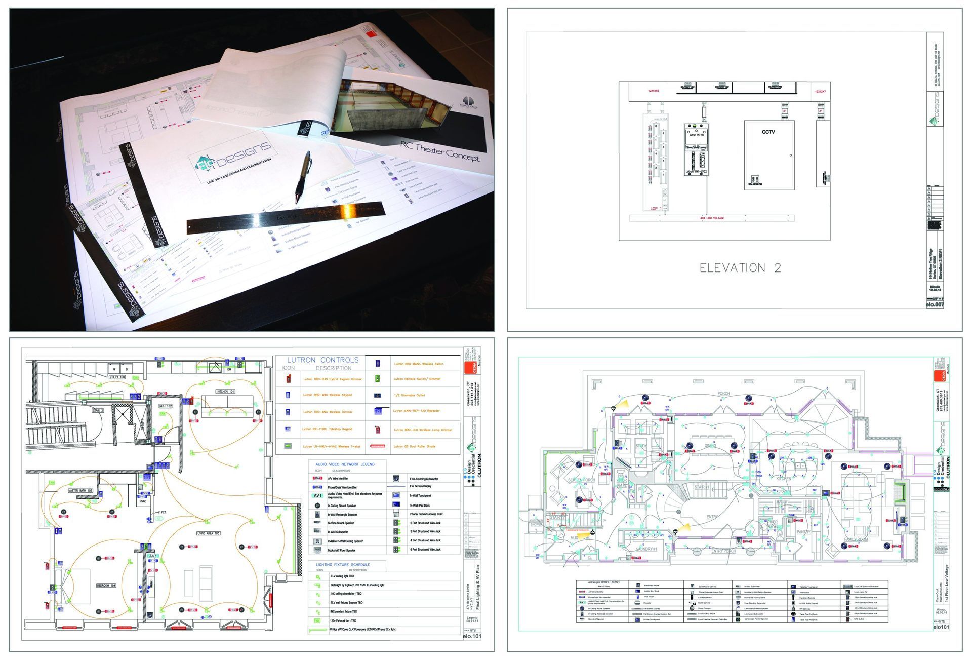 Four architectural blueprints and drafting tools on a desk.