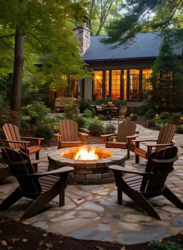 a group of chairs around a fire pit on a concrete patio in Bellingham Washington.