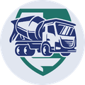 A picture of a concrete truck in a circle with a shield in the background.