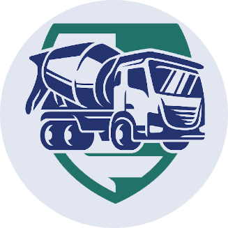 A picture of a concrete truck in a circle with a shield in the background.