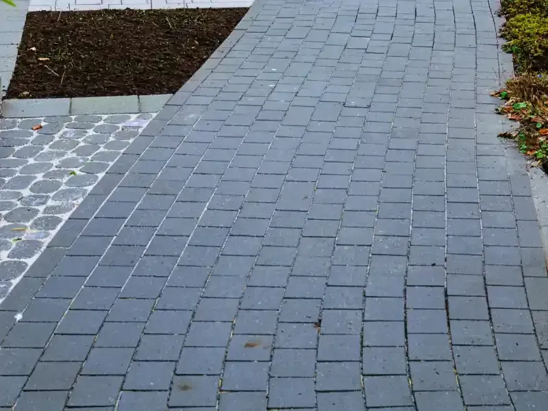 Gray concrete paver walkway with a curved design installed in a landscaped outdoor area.