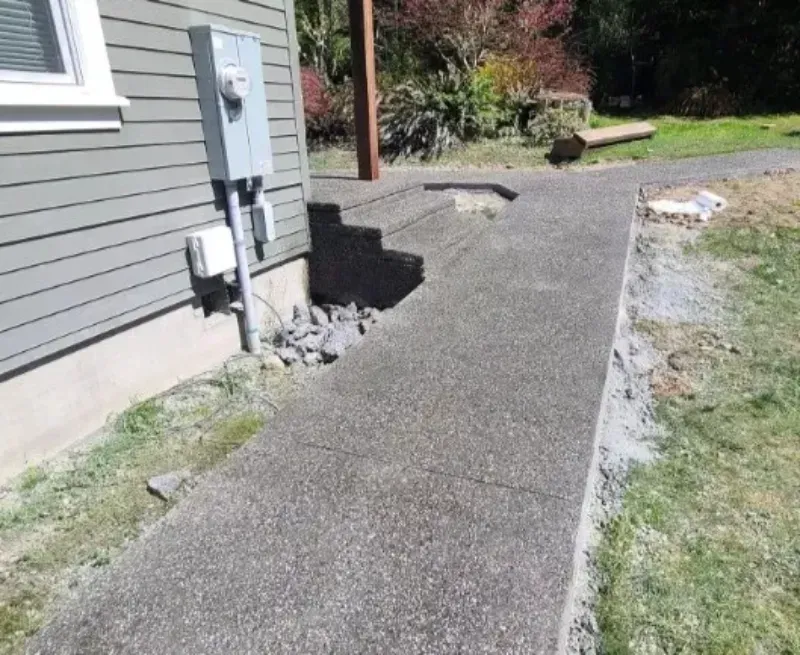 A gray concrete walkway runs alongside a house exterior with an electrical meter, leading to a set of stairs.