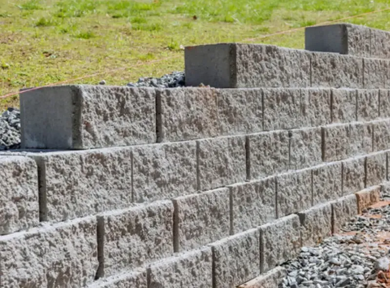 Retaining wall built with gray rectangular concrete blocks.