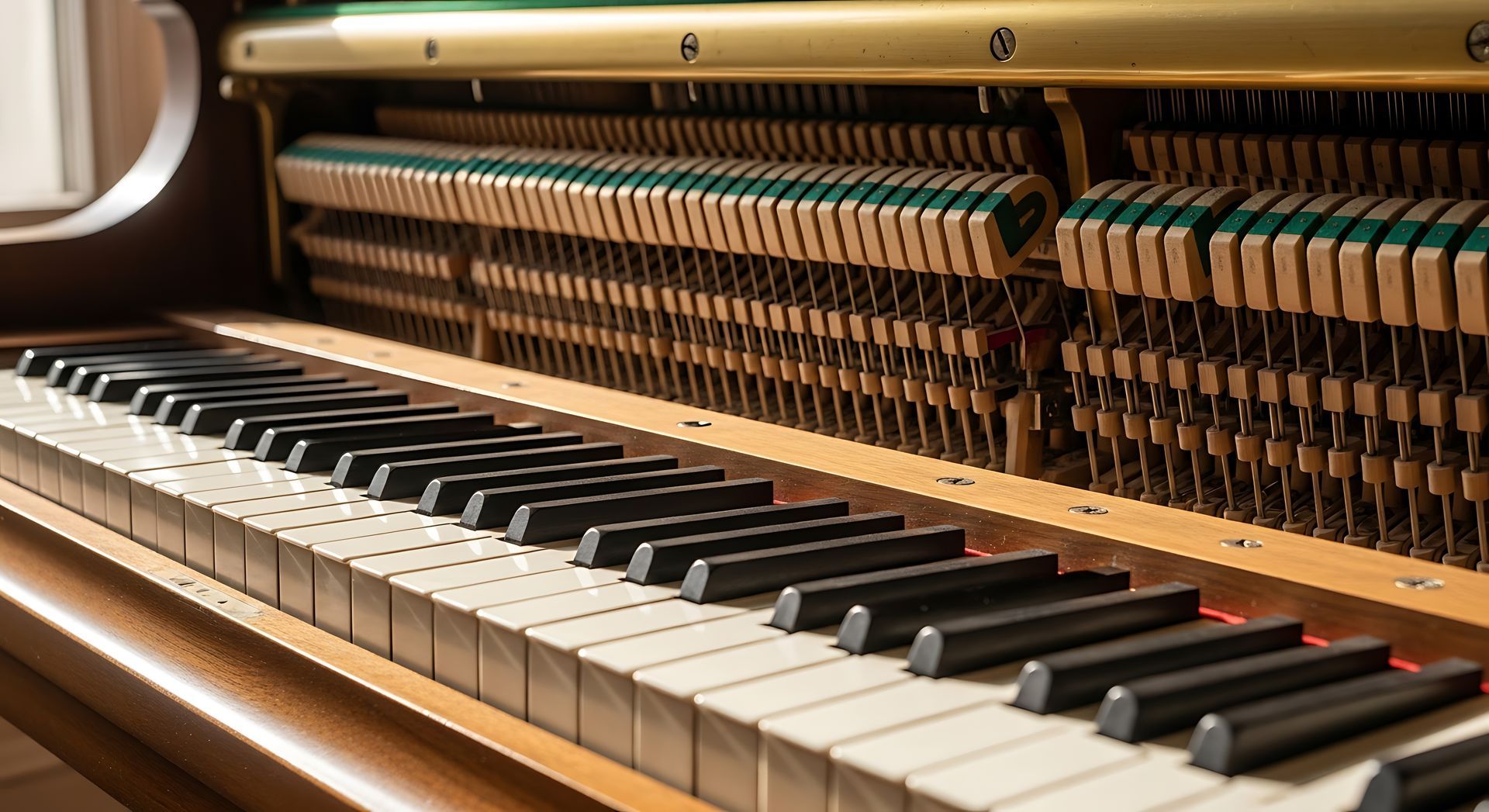 A close-up of a piano keyboard and the internal felt hammers and wooden mechanics.