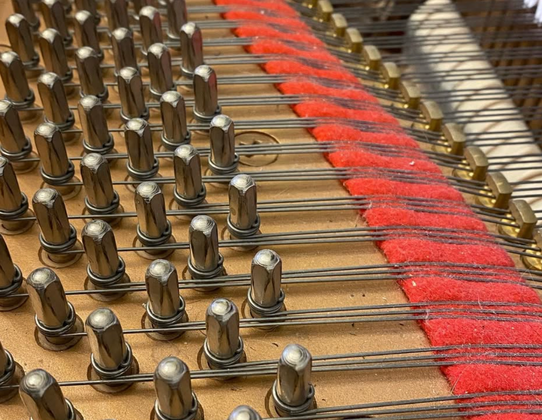 Close-up of piano strings and tuning pins with a red felt damper strip