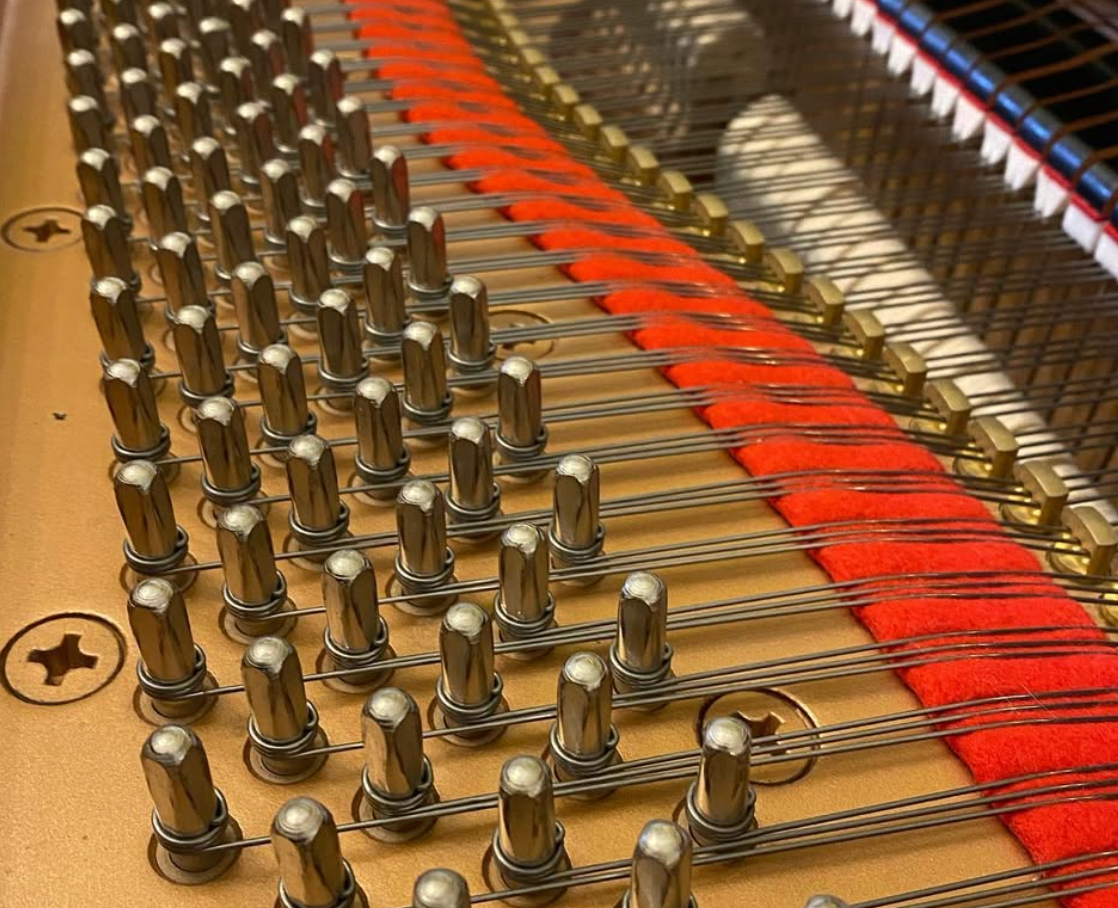 Close-up of piano strings, tuning pins, and red felt inside an open piano frame