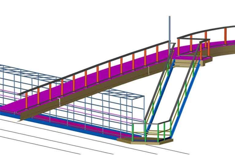 A 3d model of a bridge with stairs and railing