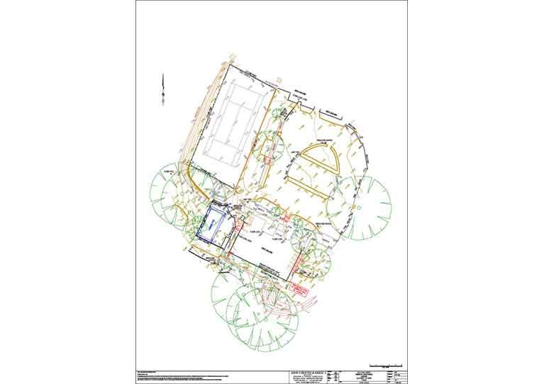 A drawing of a house with a tennis court and trees