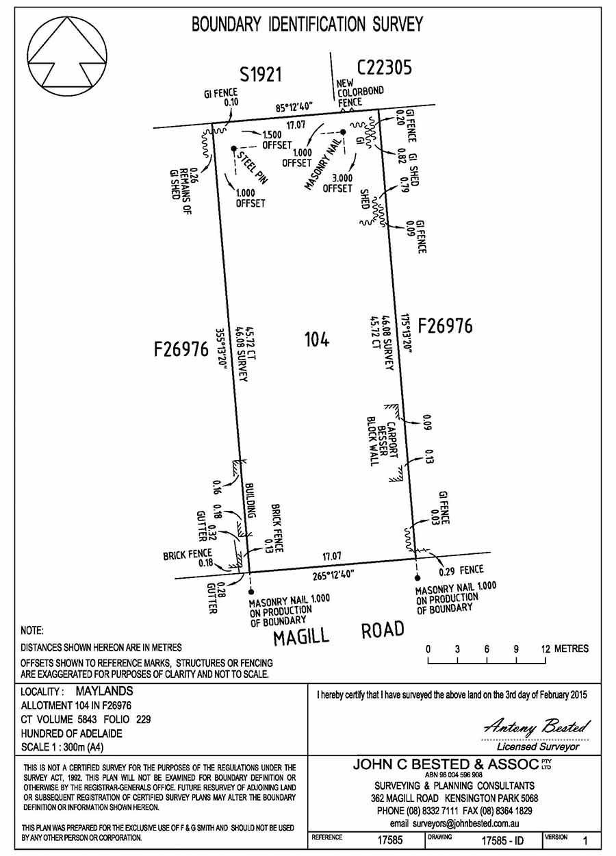 A black and white drawing of a boundary identification survey.