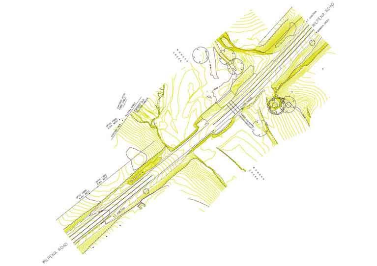 A drawing of a road with a lot of lines on it.
