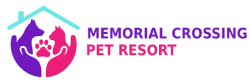 The logo for memorial crossing pet resort shows a cat and a dog.