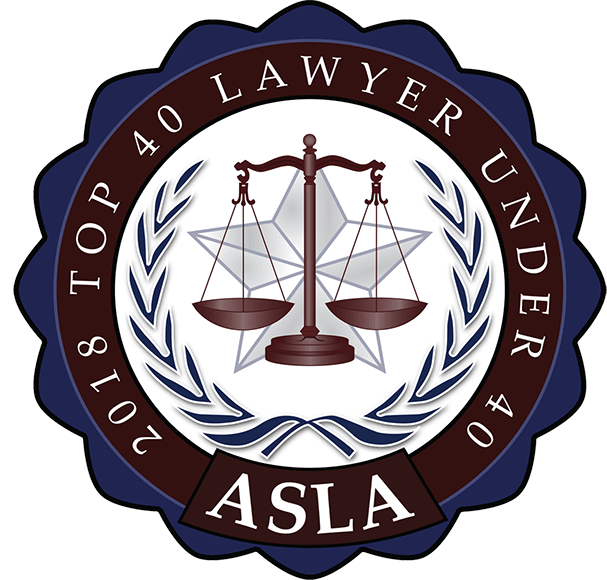 A logo for top 40 lawyer under 40 ASLA.