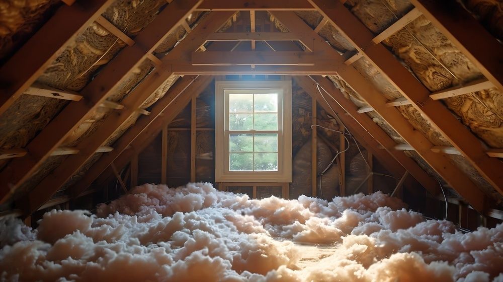 An attic with lots of insulation and a window