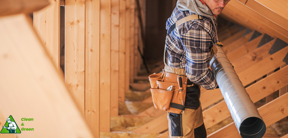 A man is standing in a wooden room holding a pipe.