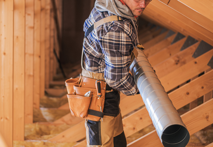 A man is holding a metal pipe in a wooden room.