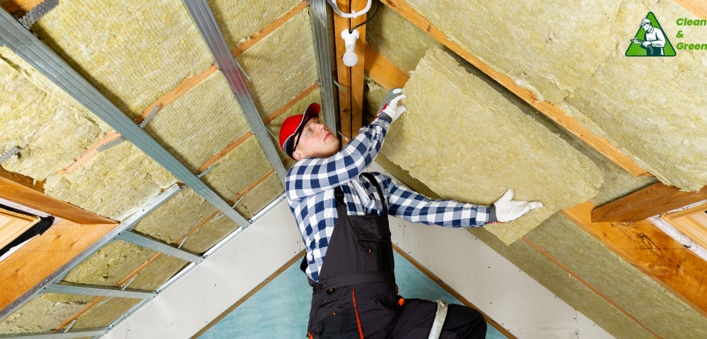 A man is laying insulation on the ceiling of an attic.